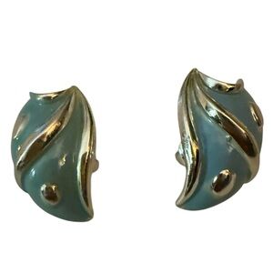 Vintage Aqua Blue & Gold Swirl Enamel Clip-On Earrings